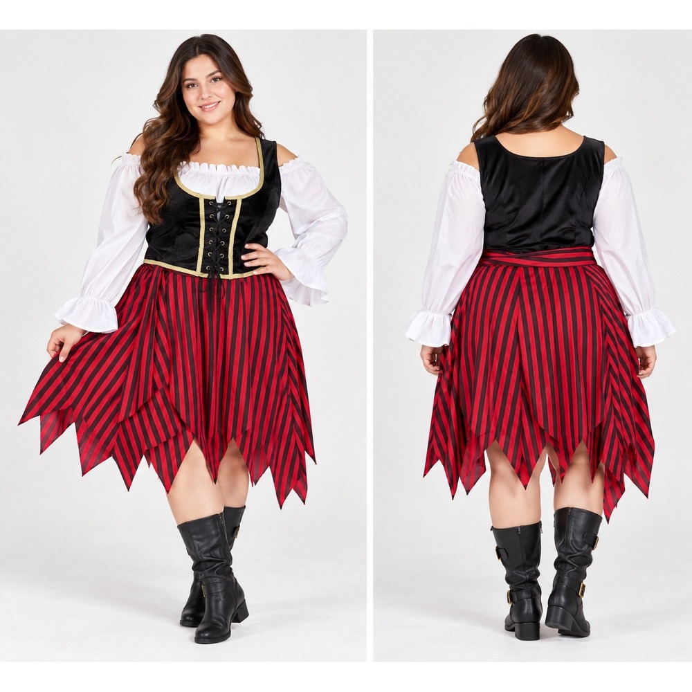 Spirit Halloween Pirate Costume Women Plus Size Red Black Striped Dress Dress-Up